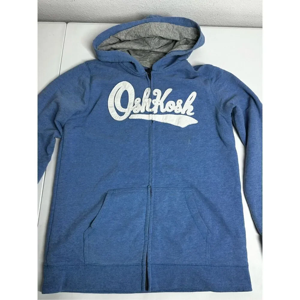 Oshkosh B’gosh Sherpa Lined Hooded Full Zip Cotton Blend Blue Logo Jacket Sz 14